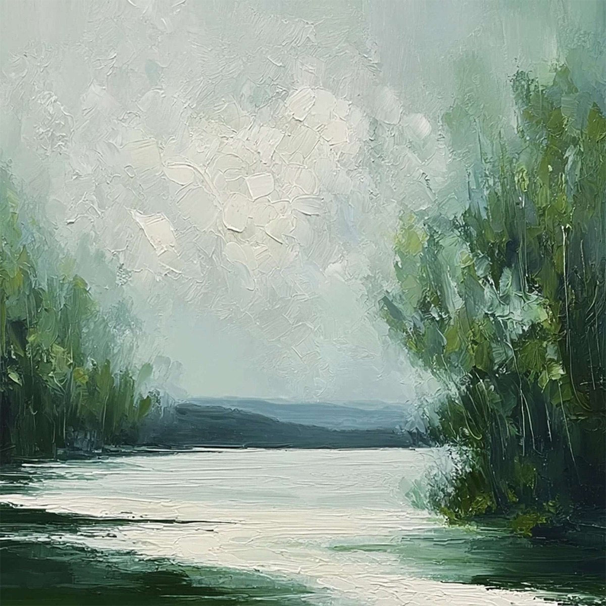 VERDANT REFLECTIONS: Textured Vertical Green Landscape Painting - Image 3