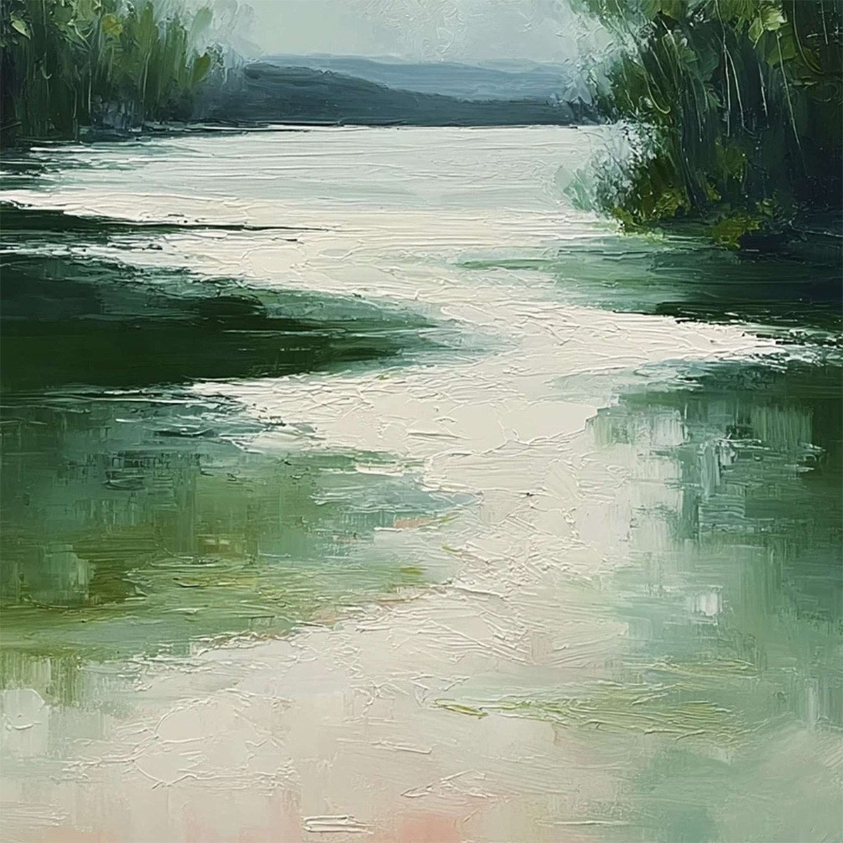 VERDANT REFLECTIONS: Textured Vertical Green Landscape Painting - Image 5