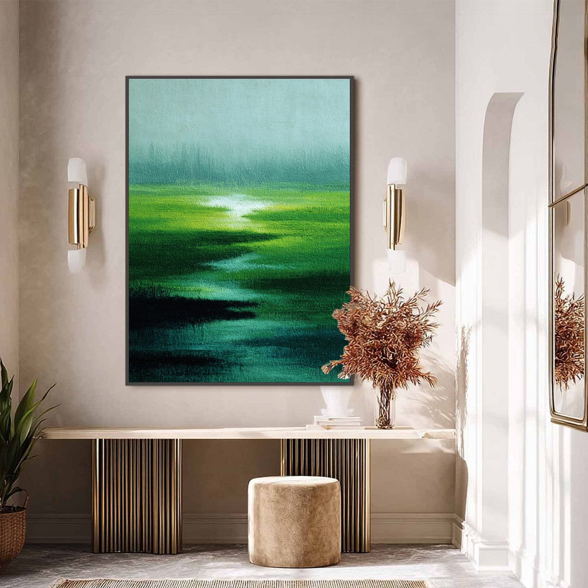 VERDANT REVERIE: Abstract Green Landscape Oil Painting - Image 6