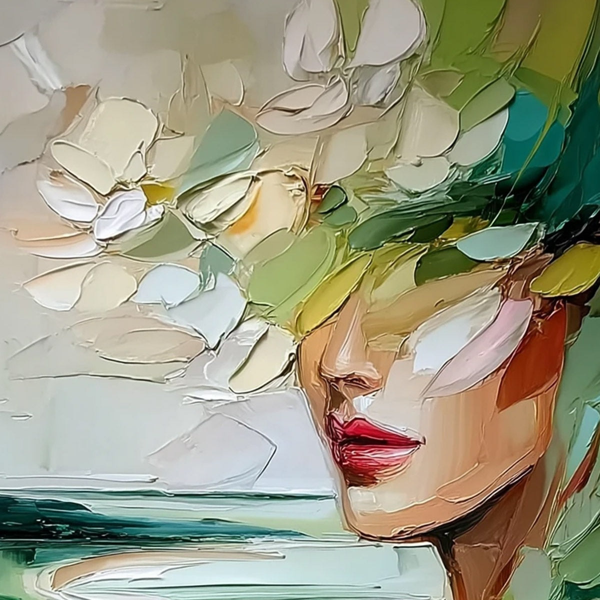 VERDANT REVERIE: Textured Palette Knife Abstract Portrait Painting - Image 3