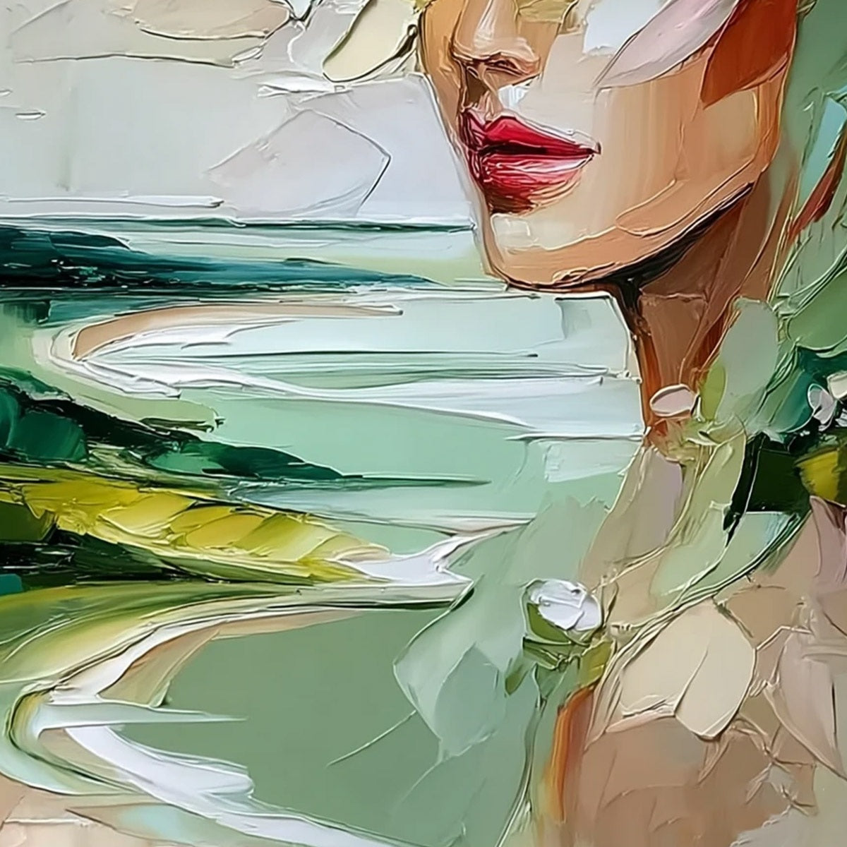 VERDANT REVERIE: Textured Palette Knife Abstract Portrait Painting - Image 5