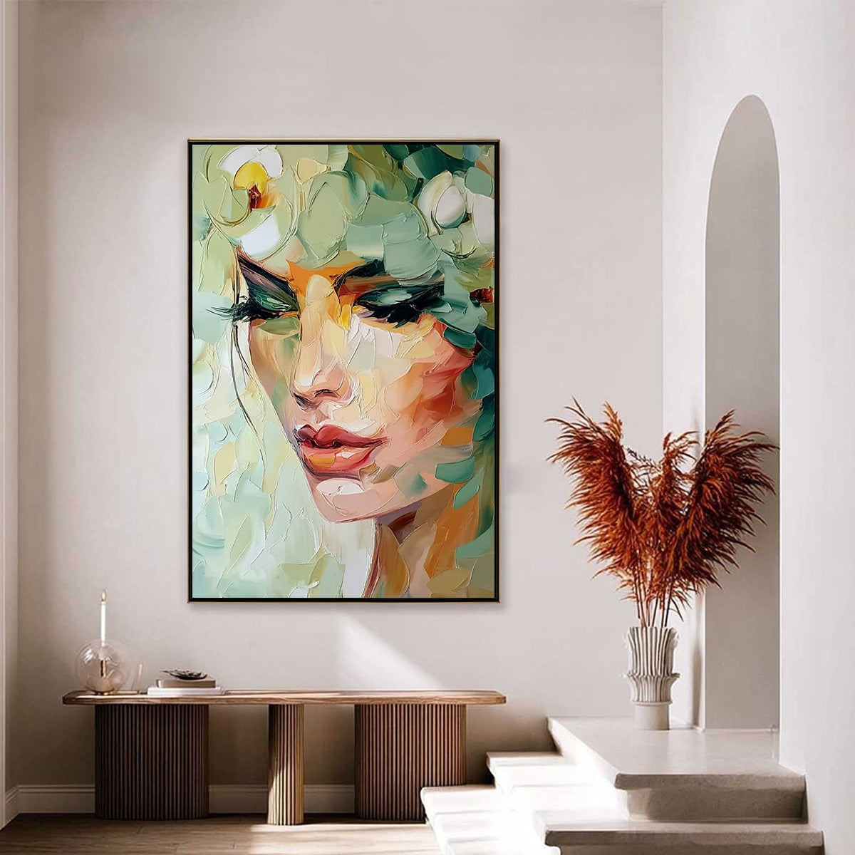 VERDANT REVERIE: Textured Palette Knife Portrait Oil Painting - Image 4
