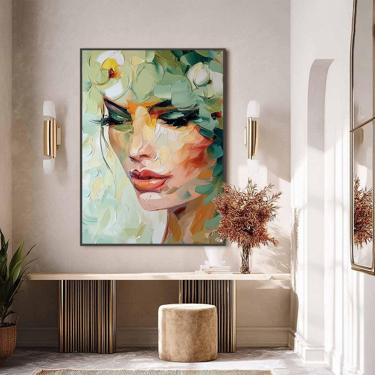 VERDANT REVERIE: Textured Palette Knife Portrait Oil Painting - Image 6