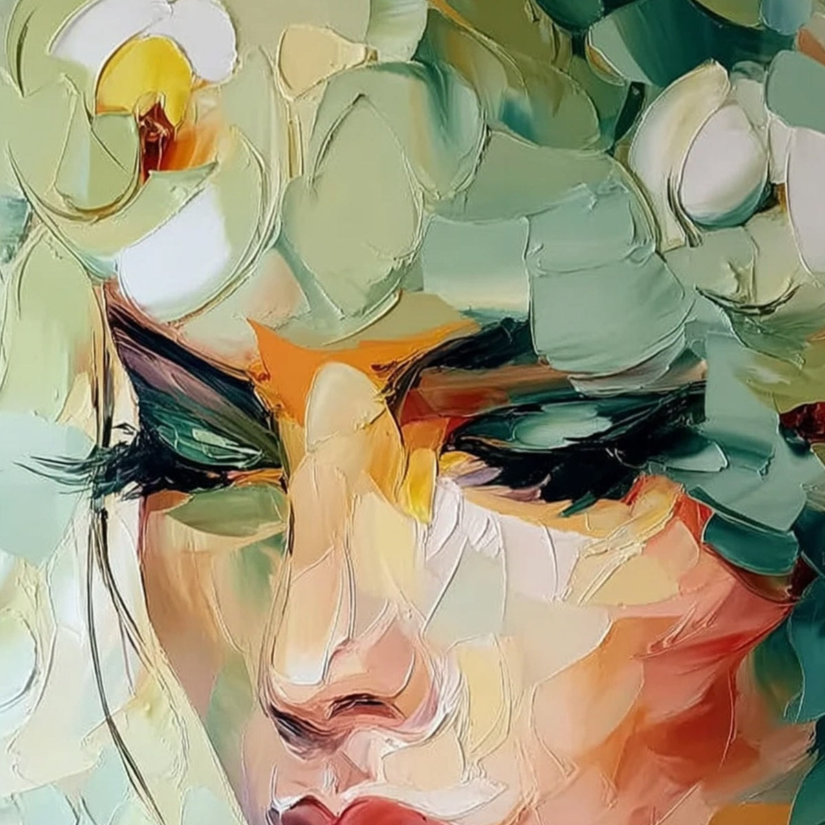 VERDANT REVERIE: Textured Palette Knife Portrait Oil Painting - Image 3