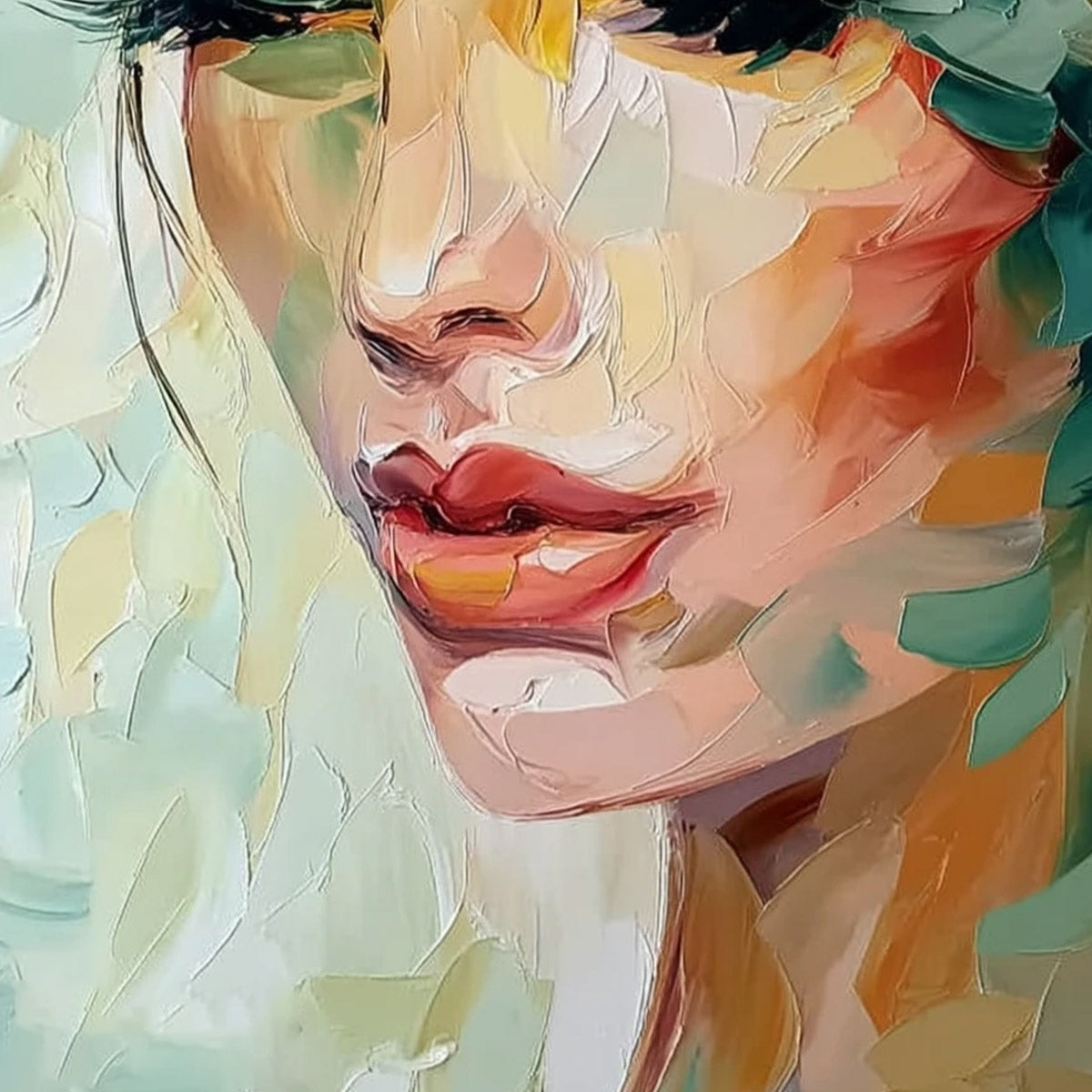 VERDANT REVERIE: Textured Palette Knife Portrait Oil Painting - Image 5