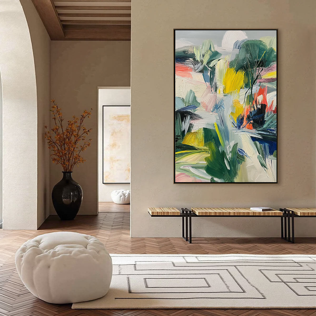 VERDANT RHYTHM: Vibrant Abstract Landscape Oil Painting with Textured Brushstrokes - Image 6