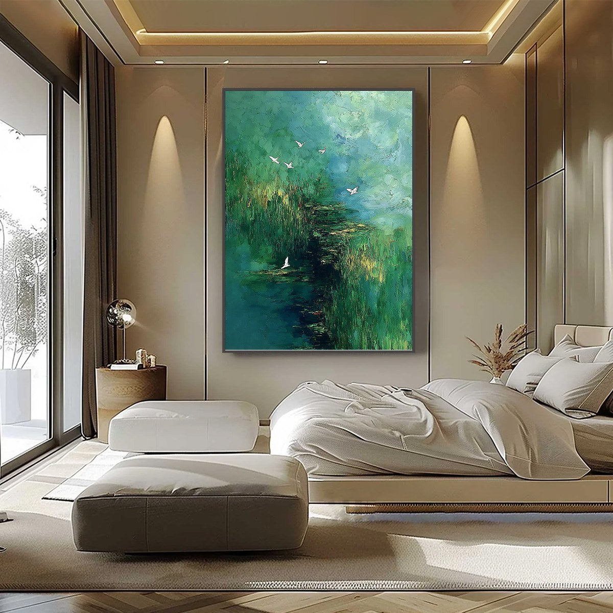 VERDANT SANCTUARY: Abstract Green Forest Landscape with Flying Birds - Image 6
