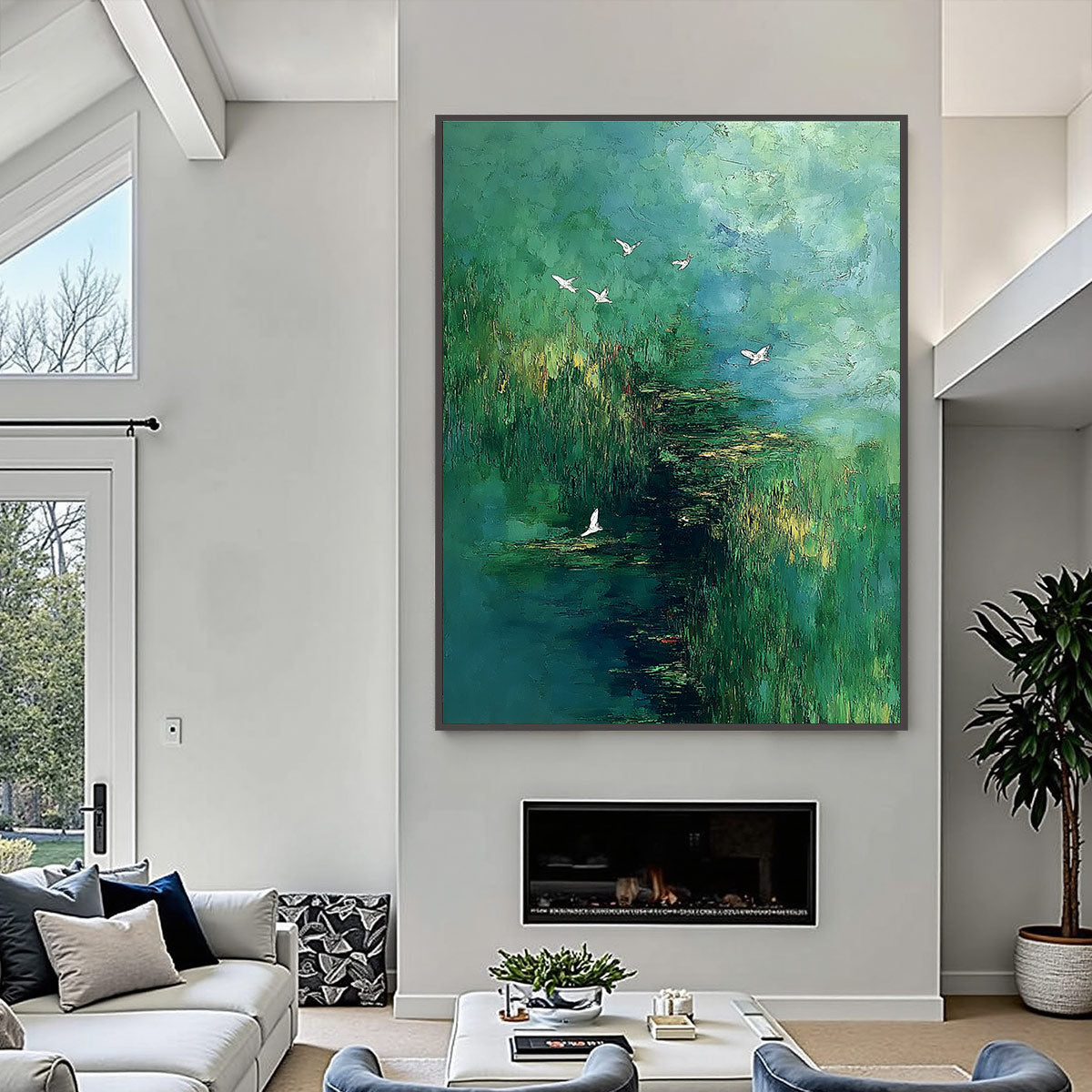 VERDANT SANCTUARY: Abstract Green Forest Landscape with Flying Birds - Image 2