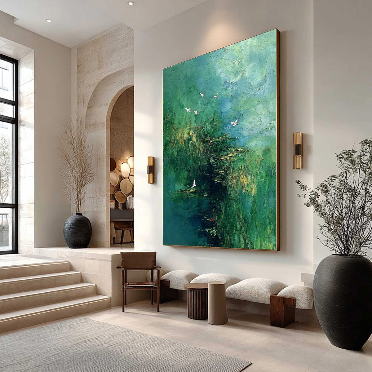 VERDANT SANCTUARY: Abstract Green Forest Landscape with Flying Birds - Image 7