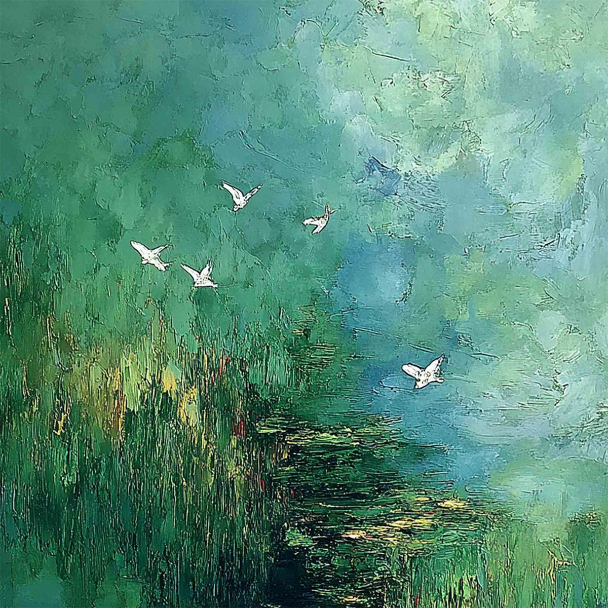 VERDANT SANCTUARY: Abstract Green Forest Landscape with Flying Birds - Image 5