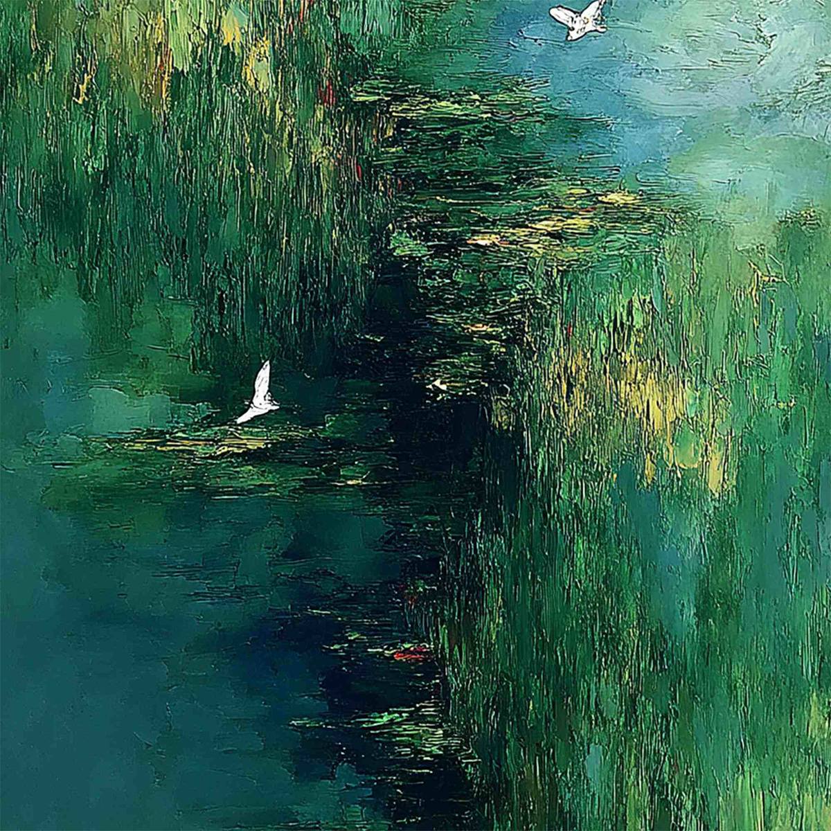 VERDANT SANCTUARY: Abstract Green Forest Landscape with Flying Birds - Image 3