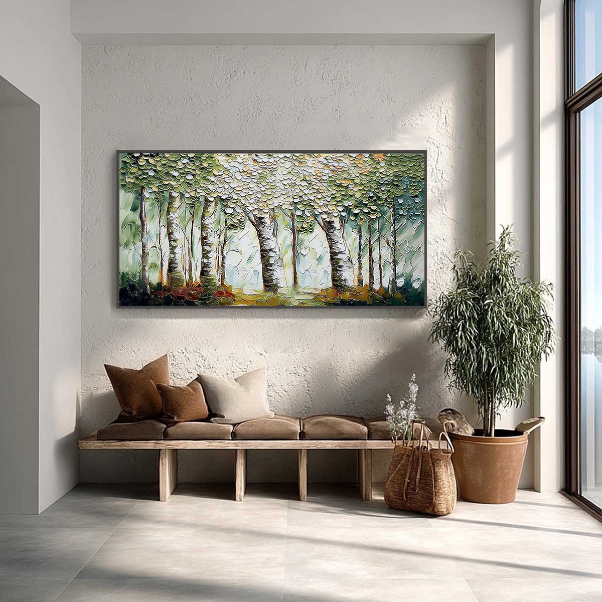 VERDANT SANCTUARY: Textured Impasto Birch Tree Forest Wall Art - Image 2