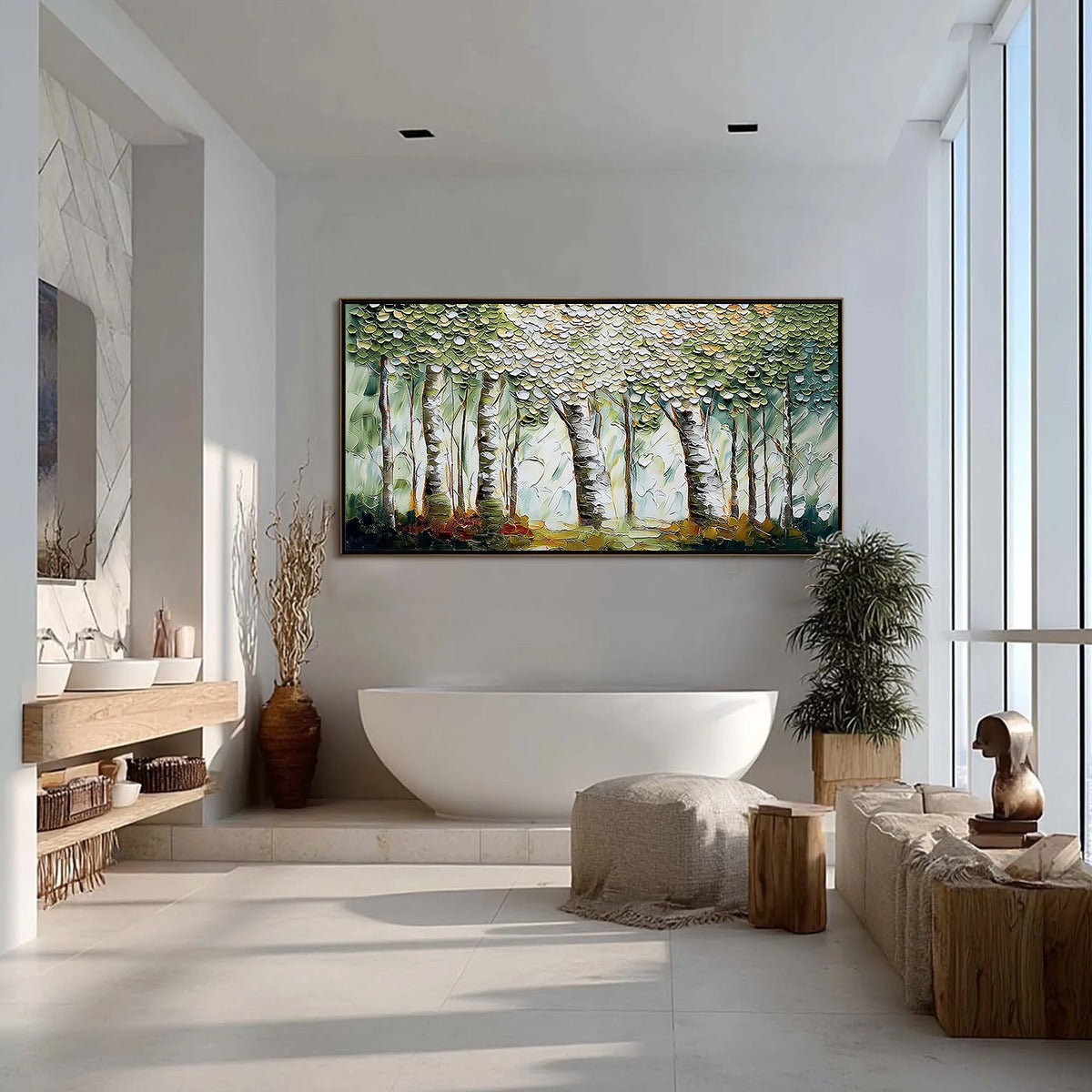 VERDANT SANCTUARY: Textured Impasto Birch Tree Forest Wall Art - Image 4
