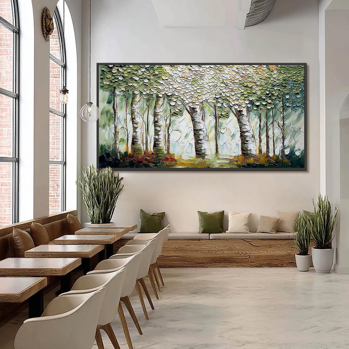 VERDANT SANCTUARY: Textured Impasto Birch Tree Forest Wall Art - Image 6
