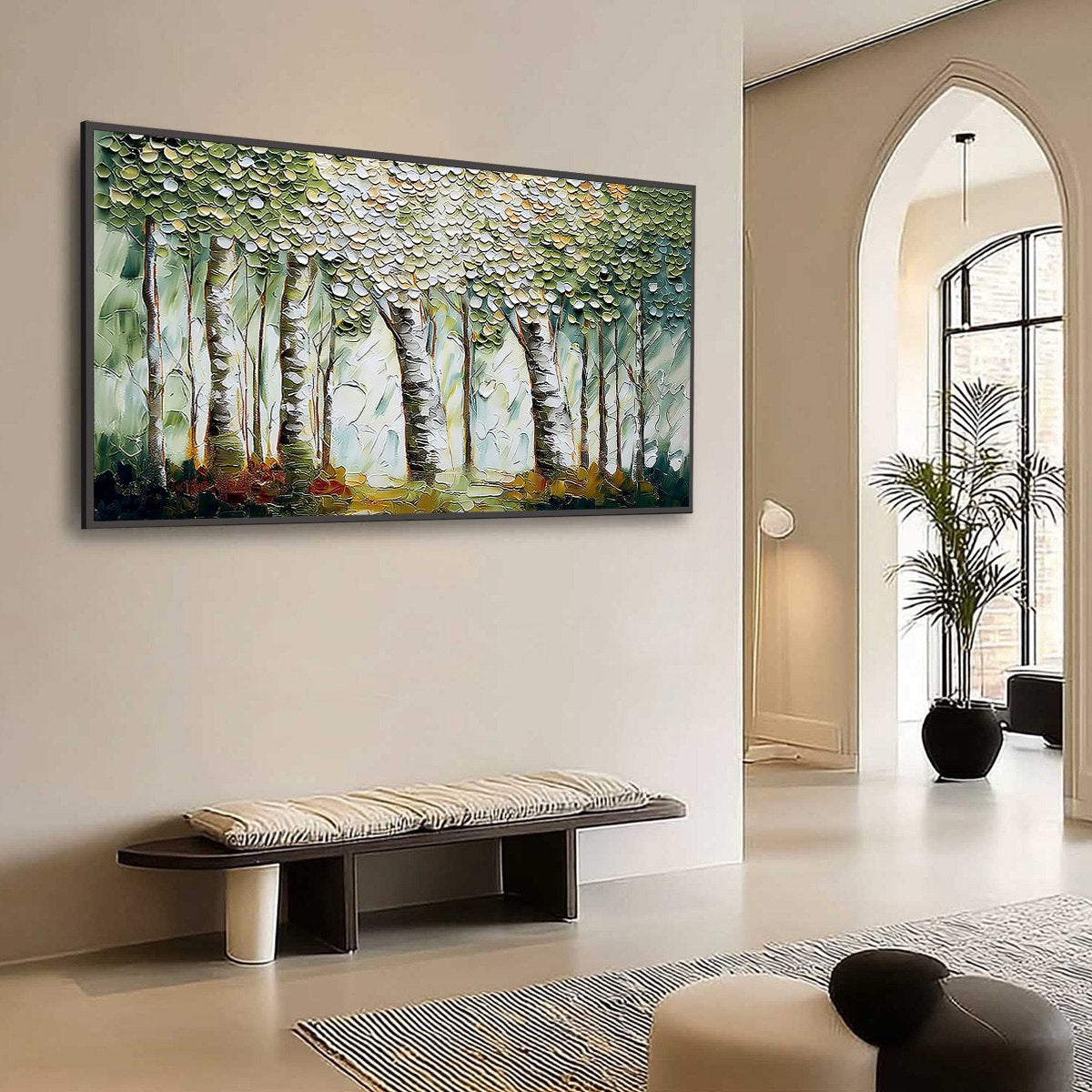 VERDANT SANCTUARY: Textured Impasto Birch Tree Forest Wall Art - Image 7