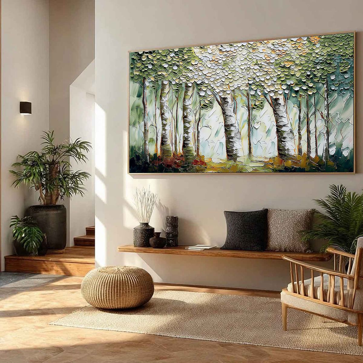 VERDANT SANCTUARY: Textured Impasto Birch Tree Forest Wall Art - Image 8