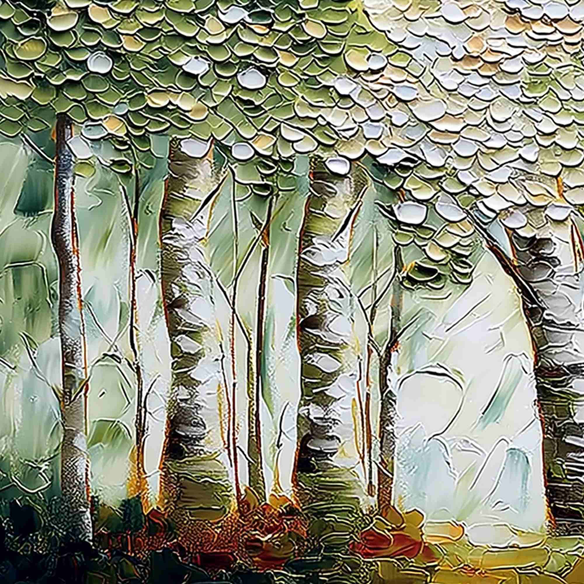 VERDANT SANCTUARY: Textured Impasto Birch Tree Forest Wall Art - Image 3