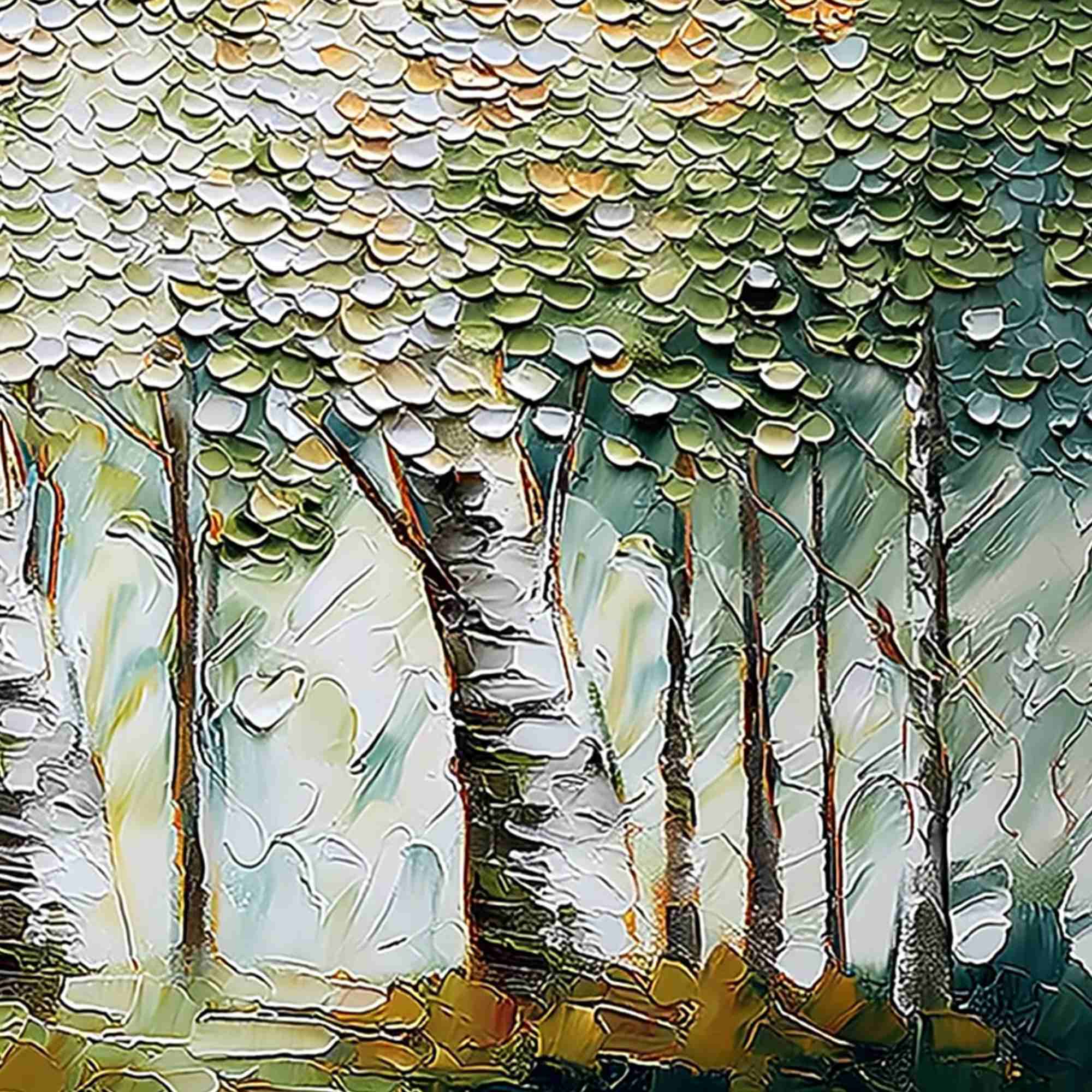 VERDANT SANCTUARY: Textured Impasto Birch Tree Forest Wall Art - Image 5