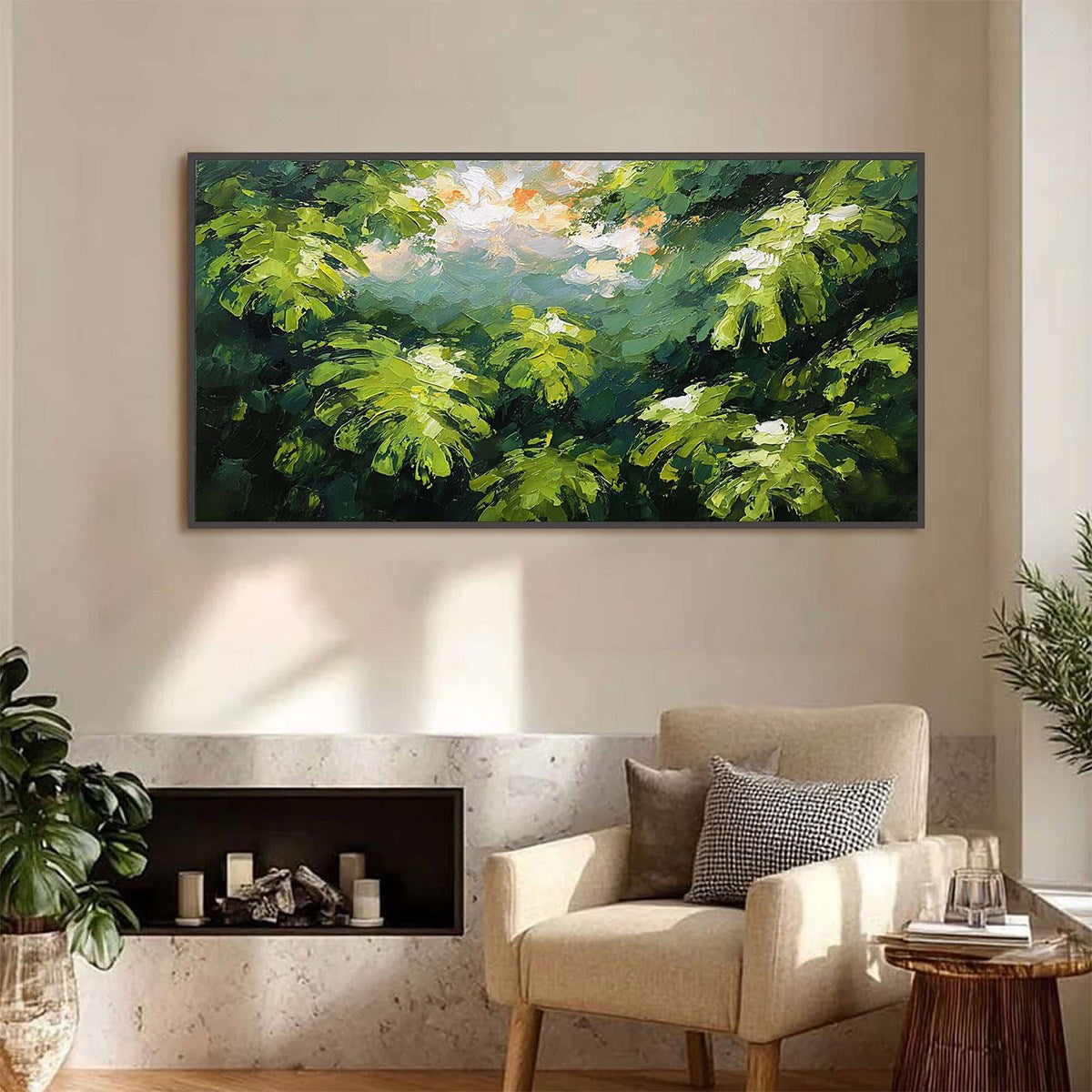 VERDANT SANCTUARY: Textured Impasto Painting of Sun-Kissed Jungle Leaves - Image 2