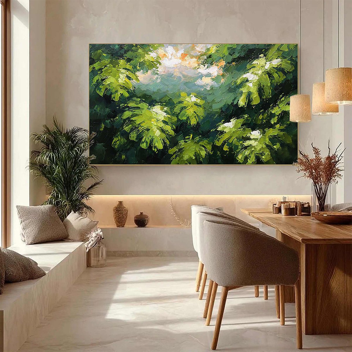 VERDANT SANCTUARY: Textured Impasto Painting of Sun-Kissed Jungle Leaves - Image 4