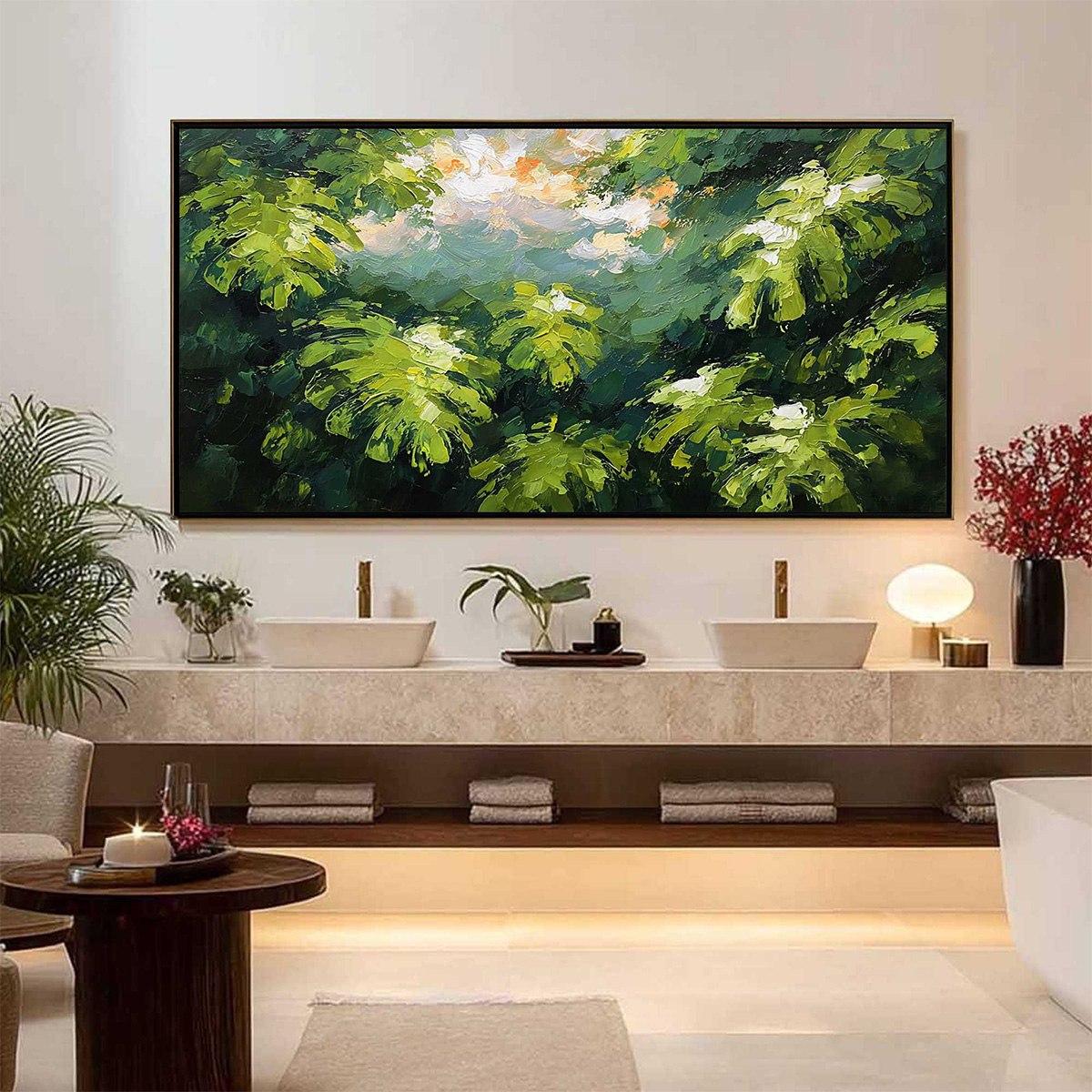 VERDANT SANCTUARY: Textured Impasto Painting of Sun-Kissed Jungle Leaves - Image 6