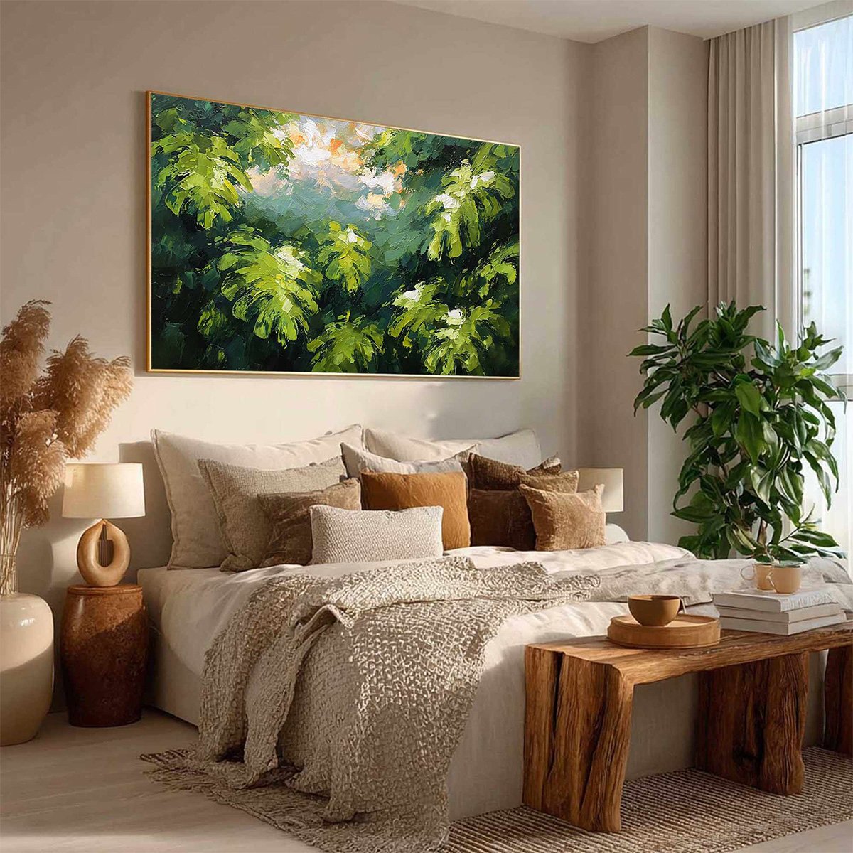 VERDANT SANCTUARY: Textured Impasto Painting of Sun-Kissed Jungle Leaves - Image 8