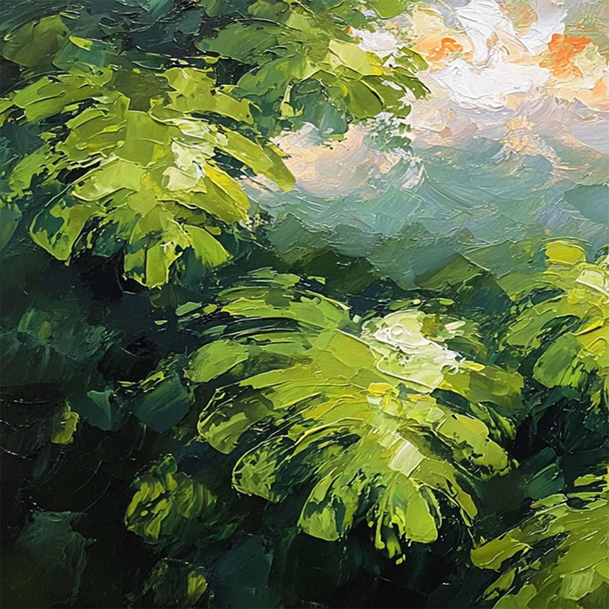 VERDANT SANCTUARY: Textured Impasto Painting of Sun-Kissed Jungle Leaves - Image 3