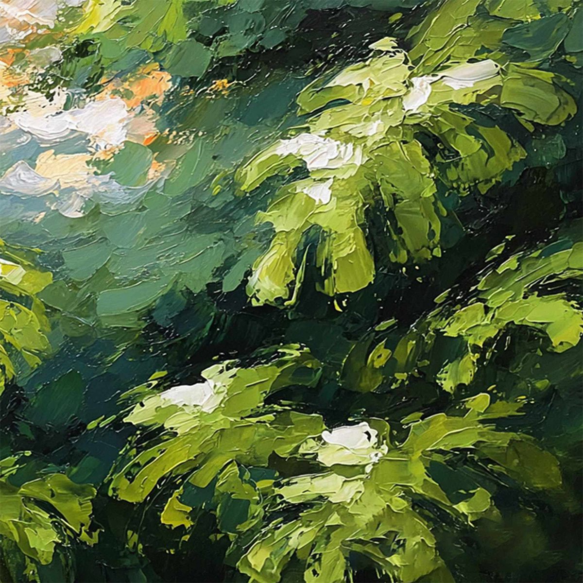 VERDANT SANCTUARY: Textured Impasto Painting of Sun-Kissed Jungle Leaves - Image 5
