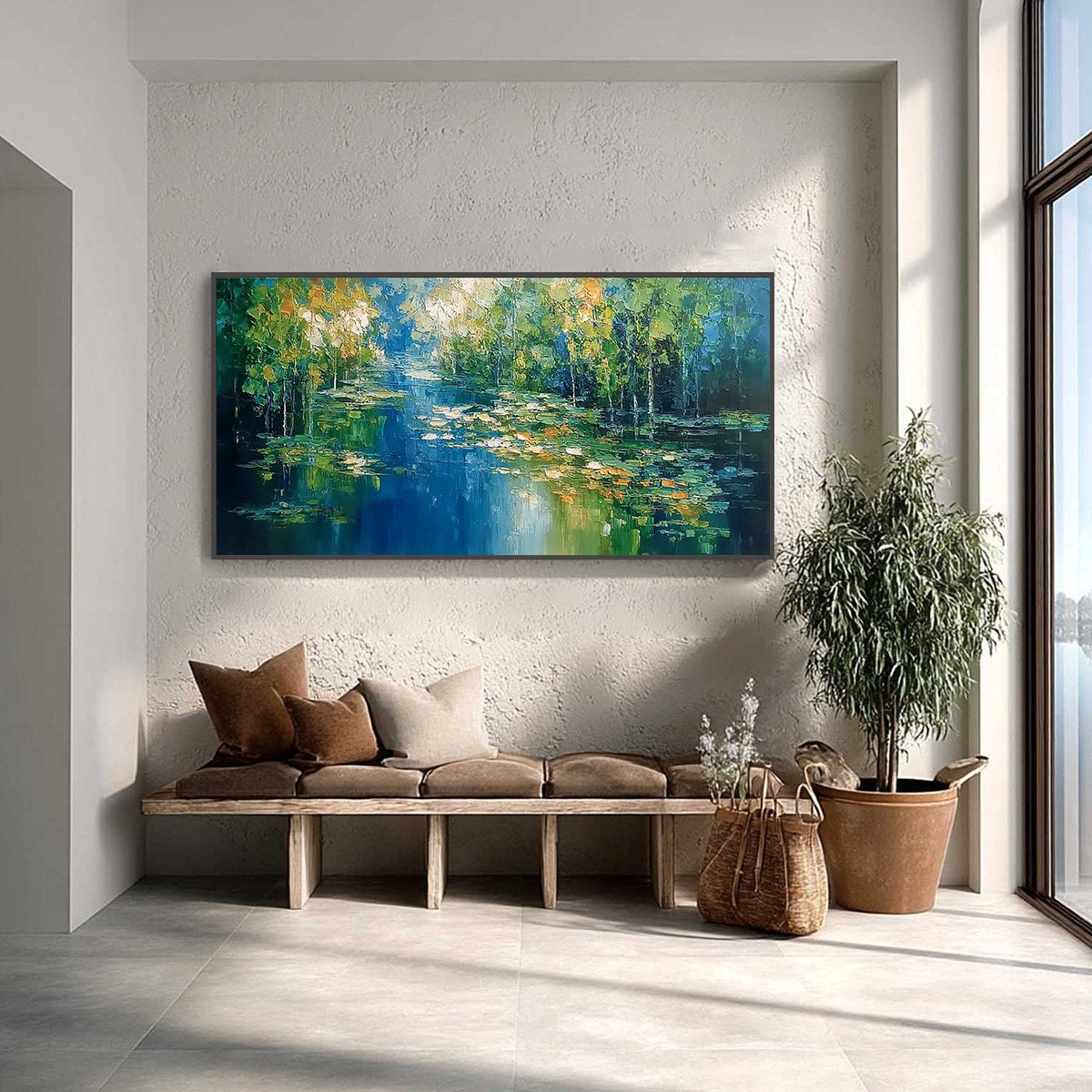 VERDANT SANCTUARY: Textured Palette Knife Forest Pond Landscape Painting - Image 2