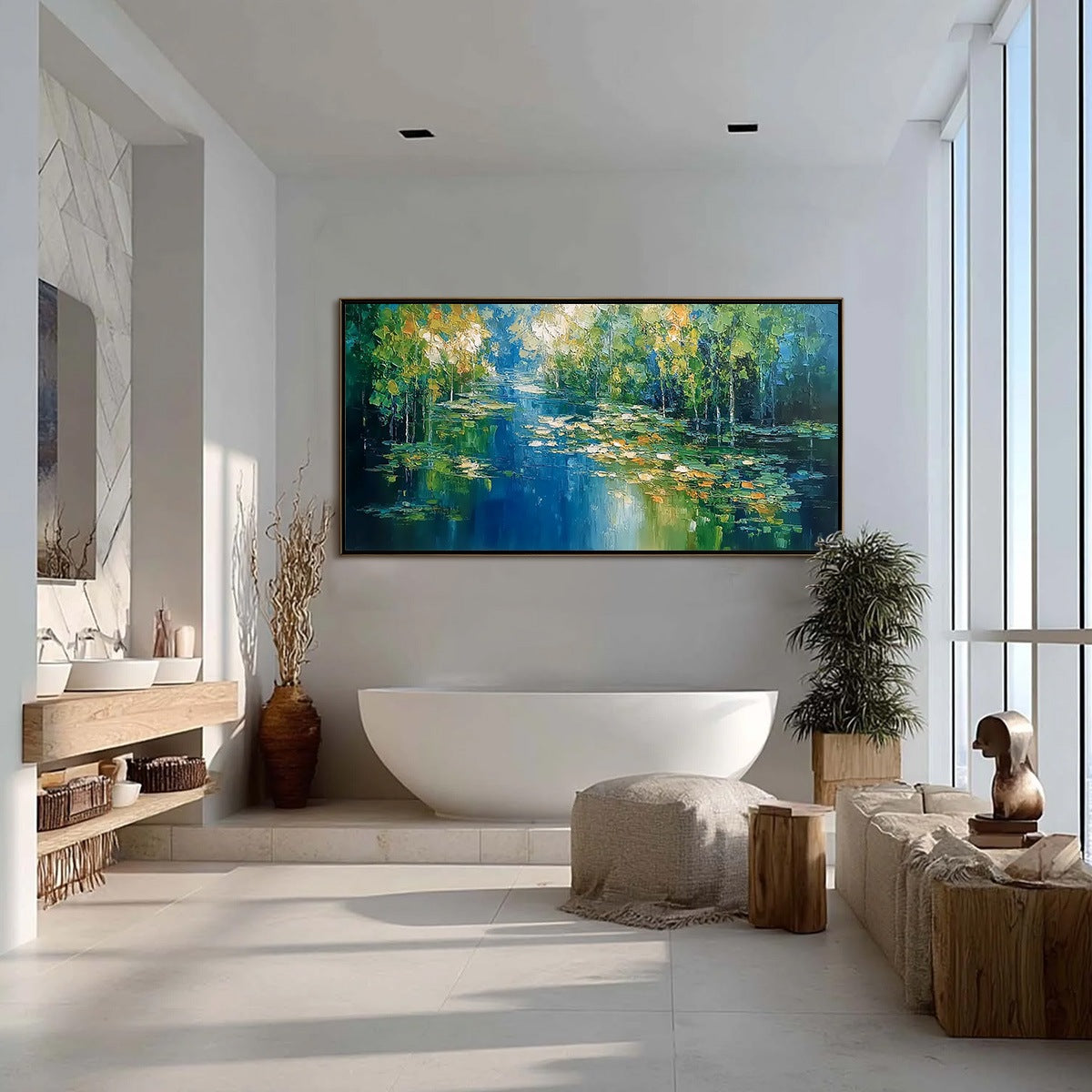 VERDANT SANCTUARY: Textured Palette Knife Forest Pond Landscape Painting - Image 4
