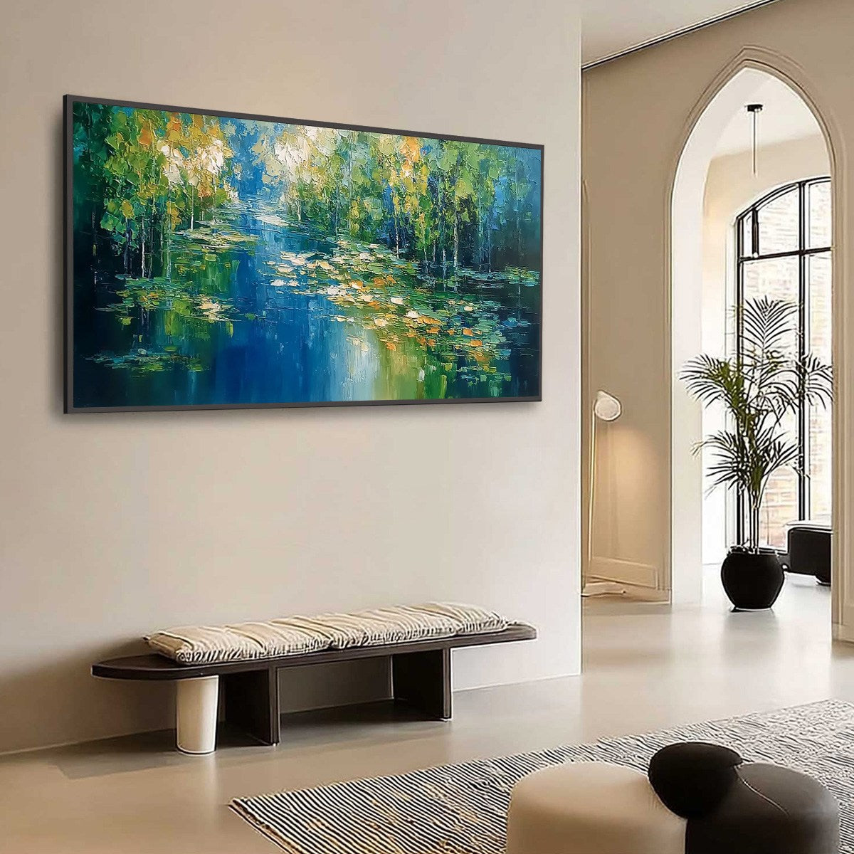 VERDANT SANCTUARY: Textured Palette Knife Forest Pond Landscape Painting - Image 7