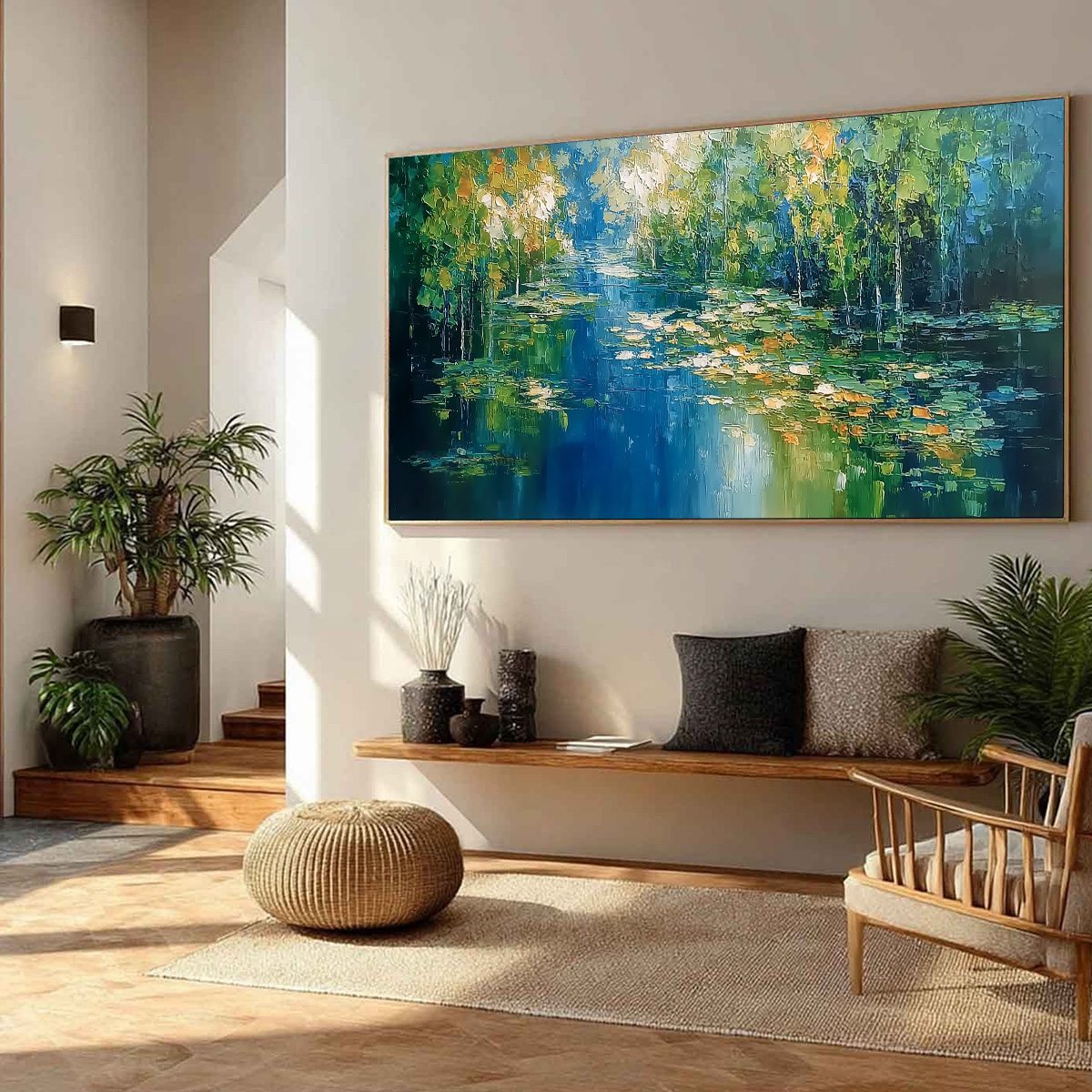 VERDANT SANCTUARY: Textured Palette Knife Forest Pond Landscape Painting - Image 8