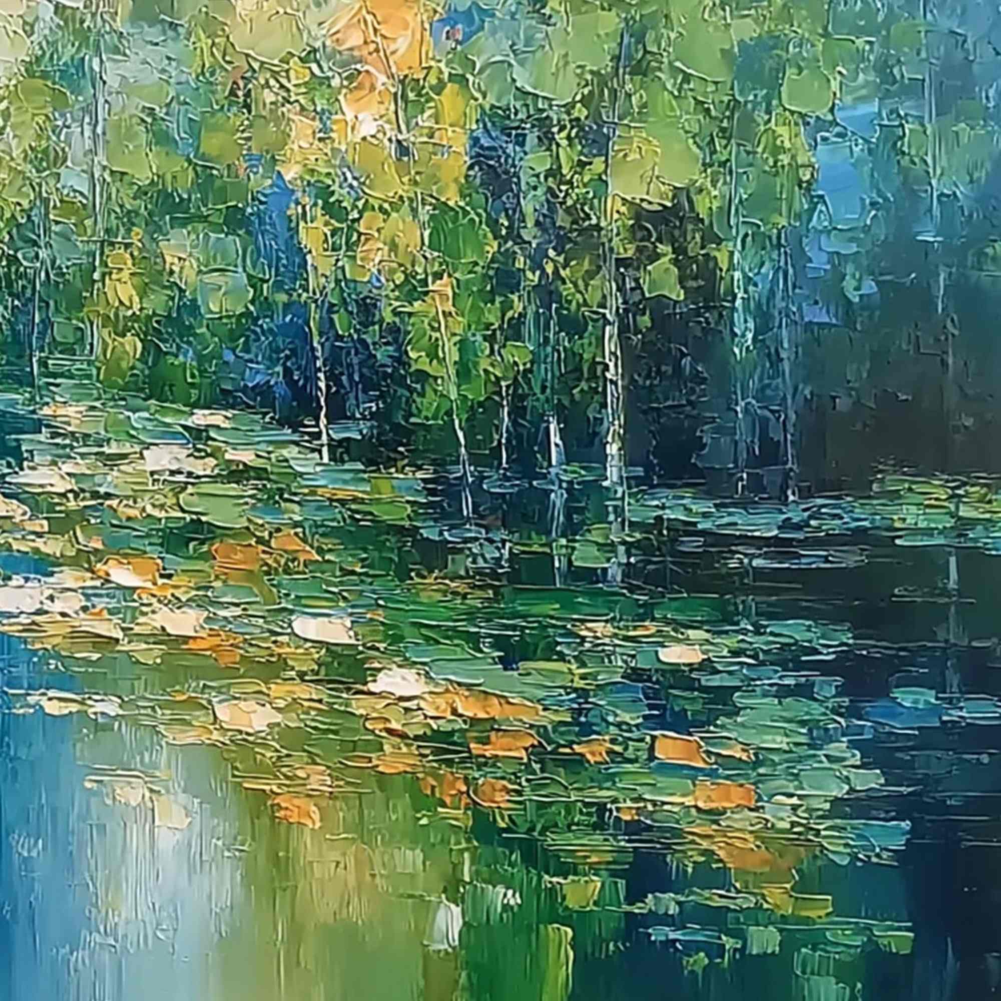 VERDANT SANCTUARY: Textured Palette Knife Forest Pond Landscape Painting - Image 5