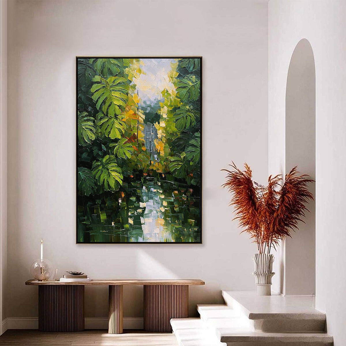 VERDANT SANCTUARY: Textured Palette Knife Painting of a Lush Jungle Oasis - Image 4