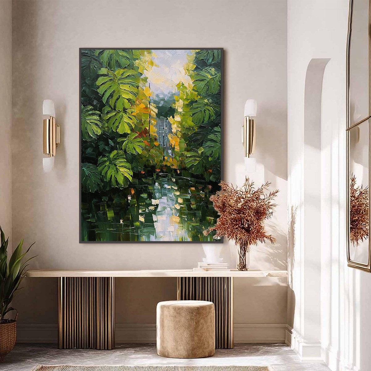 VERDANT SANCTUARY: Textured Palette Knife Painting of a Lush Jungle Oasis - Image 6