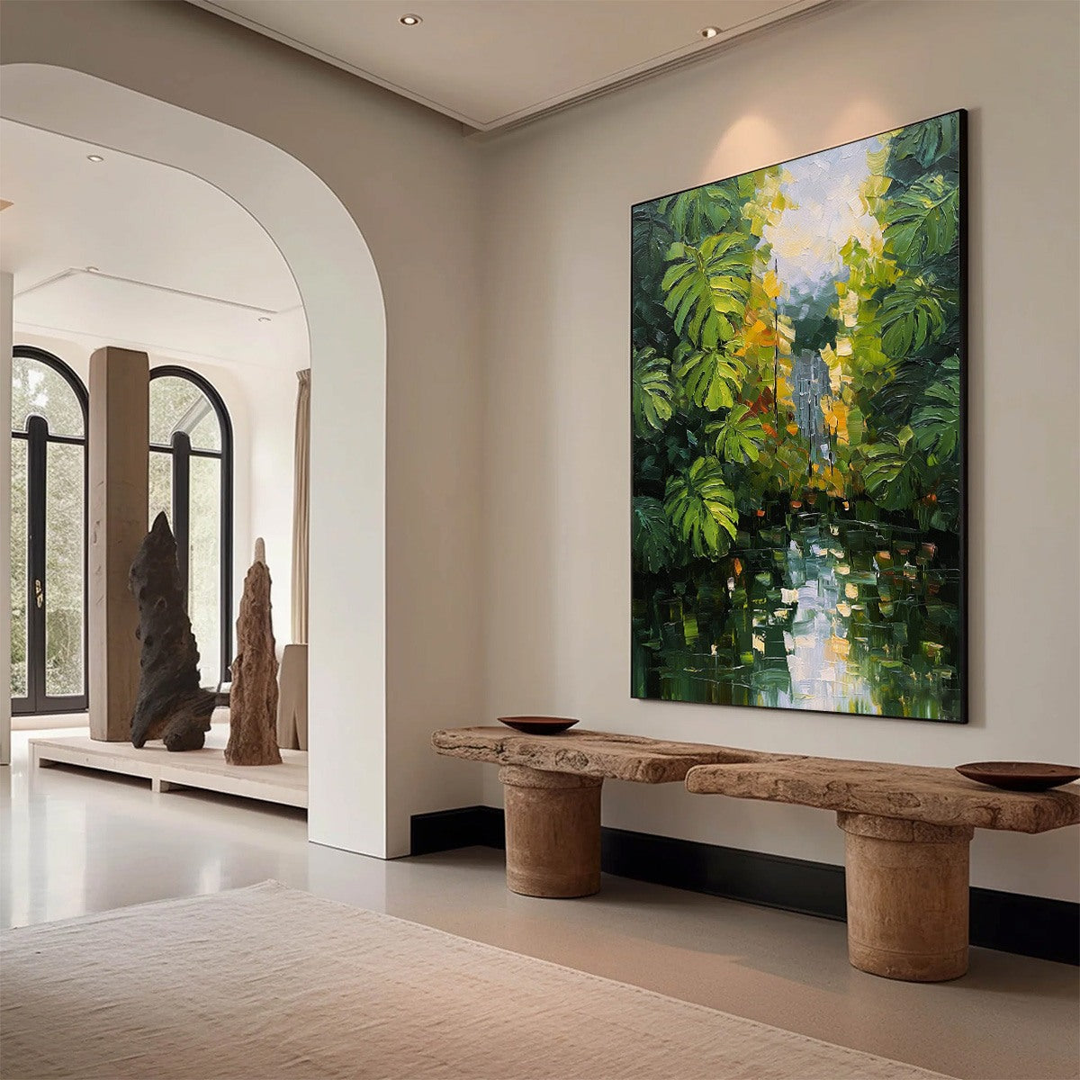 VERDANT SANCTUARY: Textured Palette Knife Painting of a Lush Jungle Oasis - Image 7