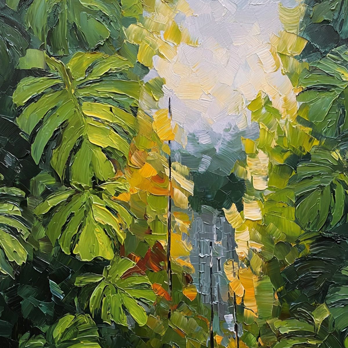 VERDANT SANCTUARY: Textured Palette Knife Painting of a Lush Jungle Oasis - Image 3