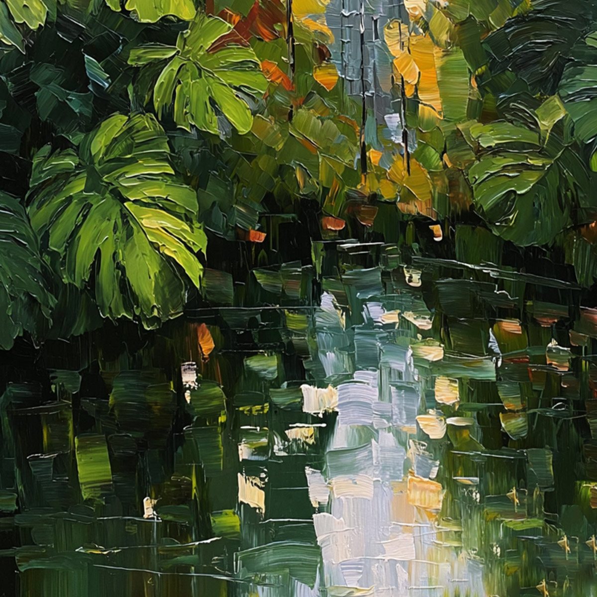 VERDANT SANCTUARY: Textured Palette Knife Painting of a Lush Jungle Oasis - Image 5