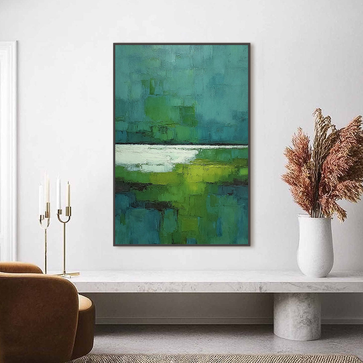 VERDANT SHORE: Textured Green and Teal Abstract Landscape Painting - Image 2