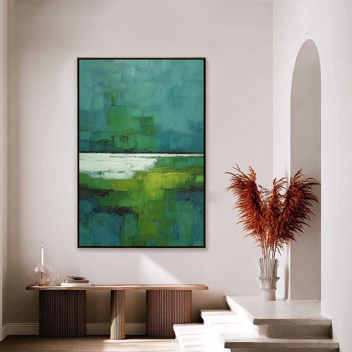 VERDANT SHORE: Textured Green and Teal Abstract Landscape Painting - Image 4