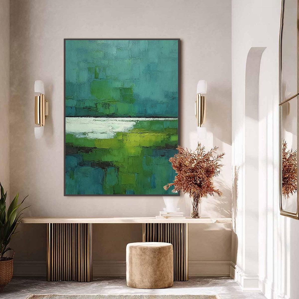 VERDANT SHORE: Textured Green and Teal Abstract Landscape Painting - Image 6