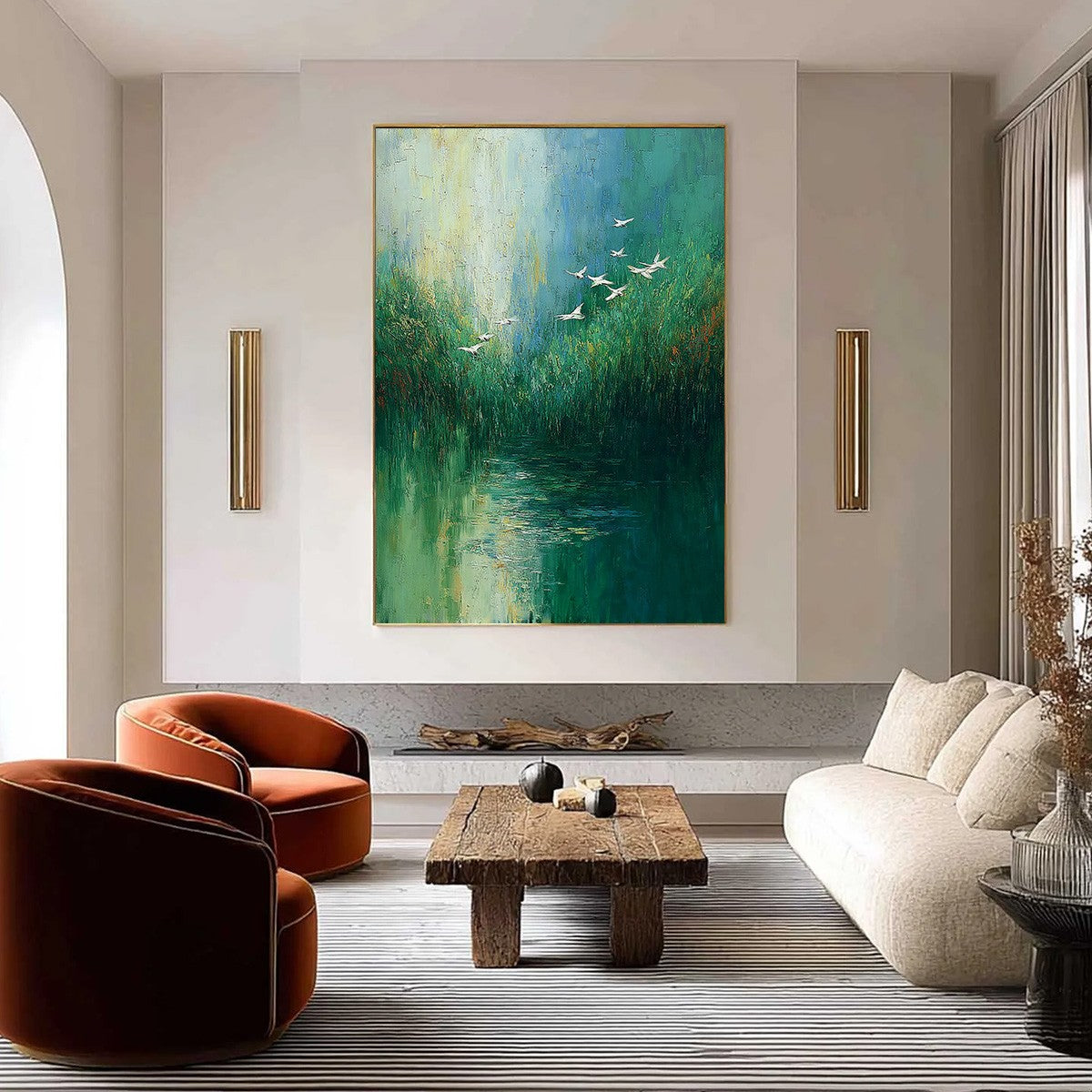 VERDANT VOYAGE: Textured Green Landscape Painting with Birds - Image 2