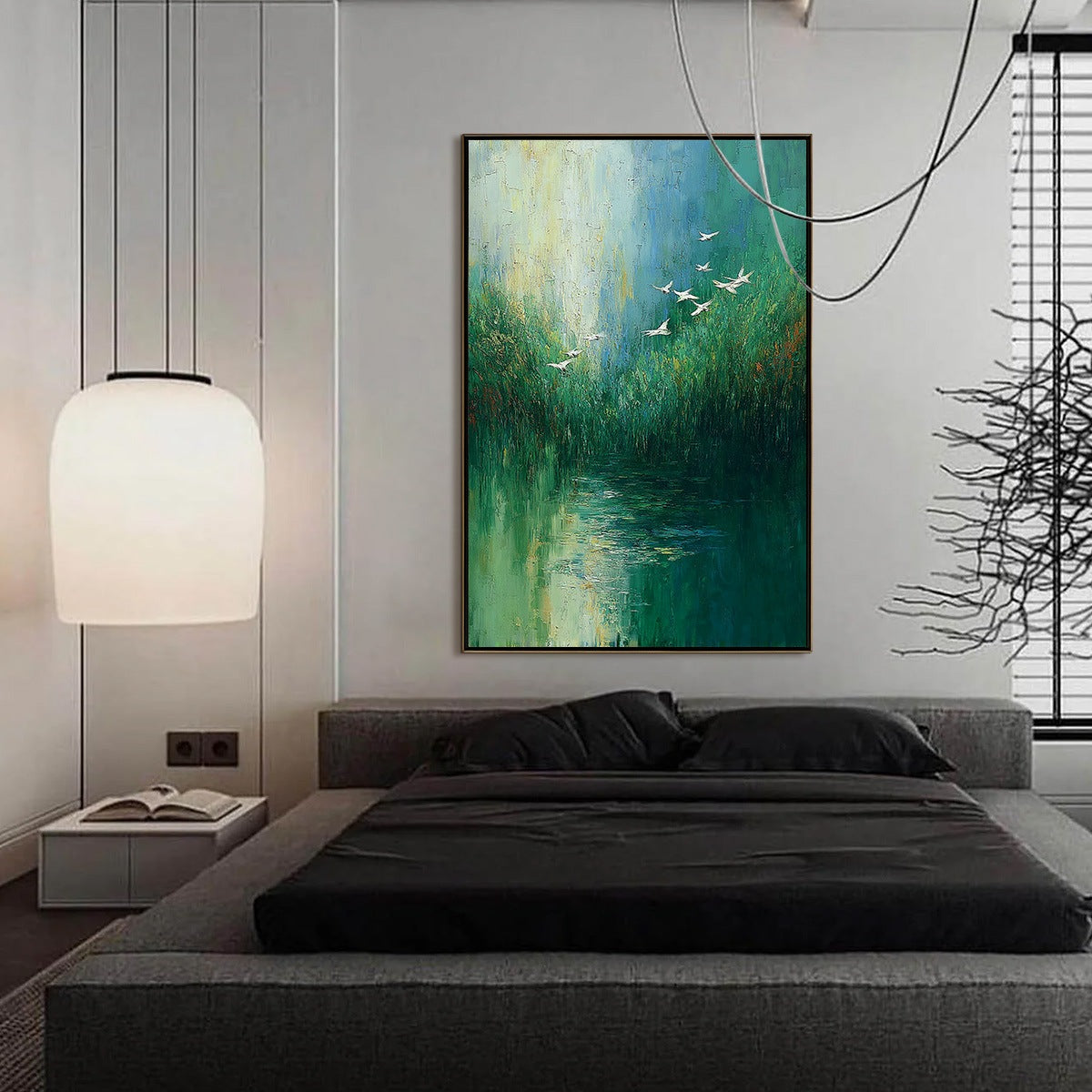 VERDANT VOYAGE: Textured Green Landscape Painting with Birds - Image 4