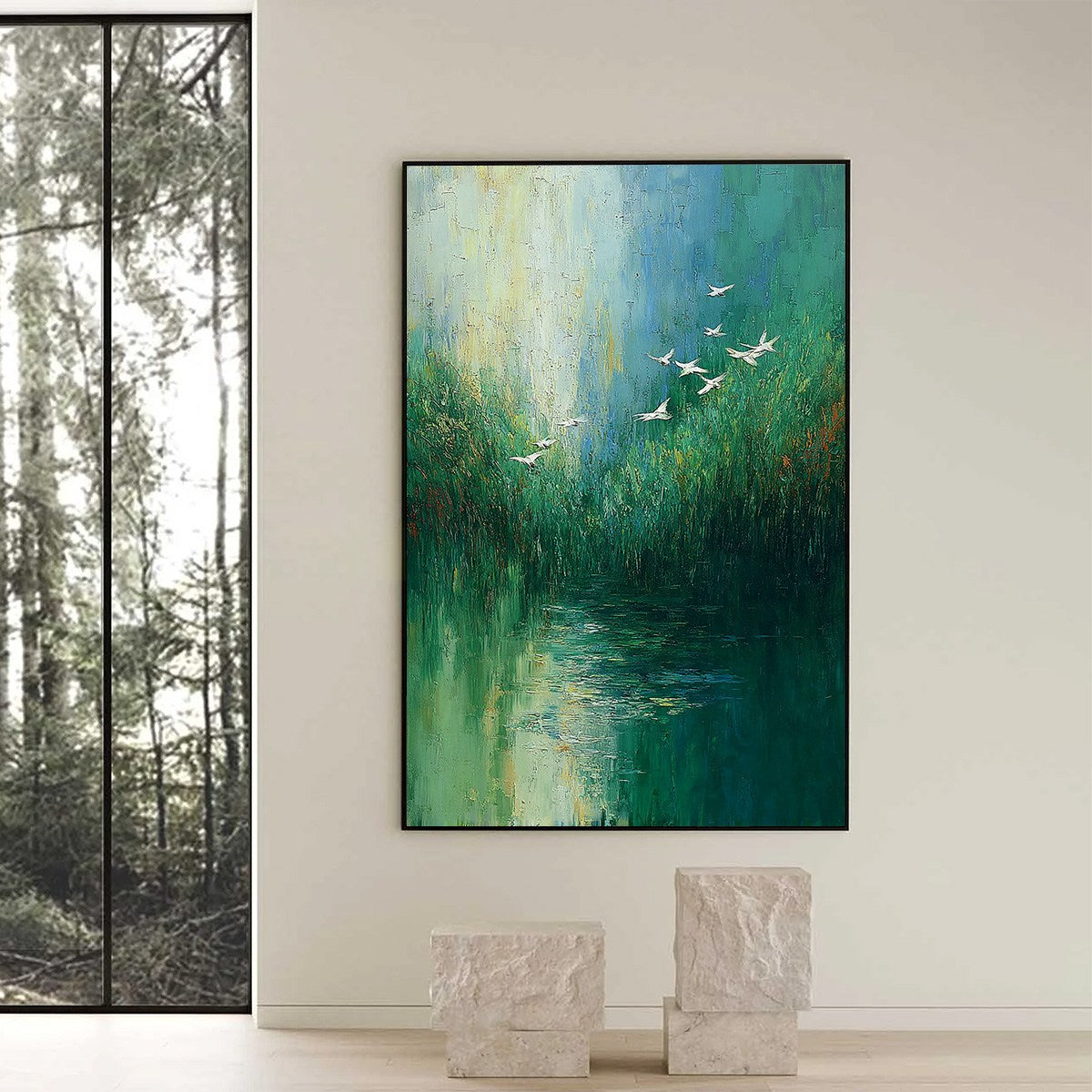 VERDANT VOYAGE: Textured Green Landscape Painting with Birds - Image 6