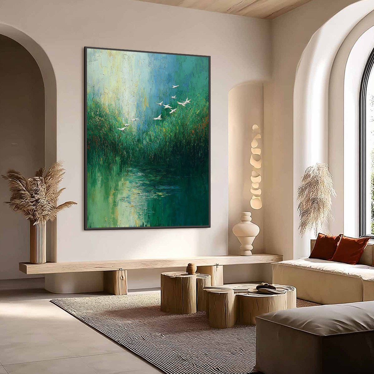 VERDANT VOYAGE: Textured Green Landscape Painting with Birds - Image 7
