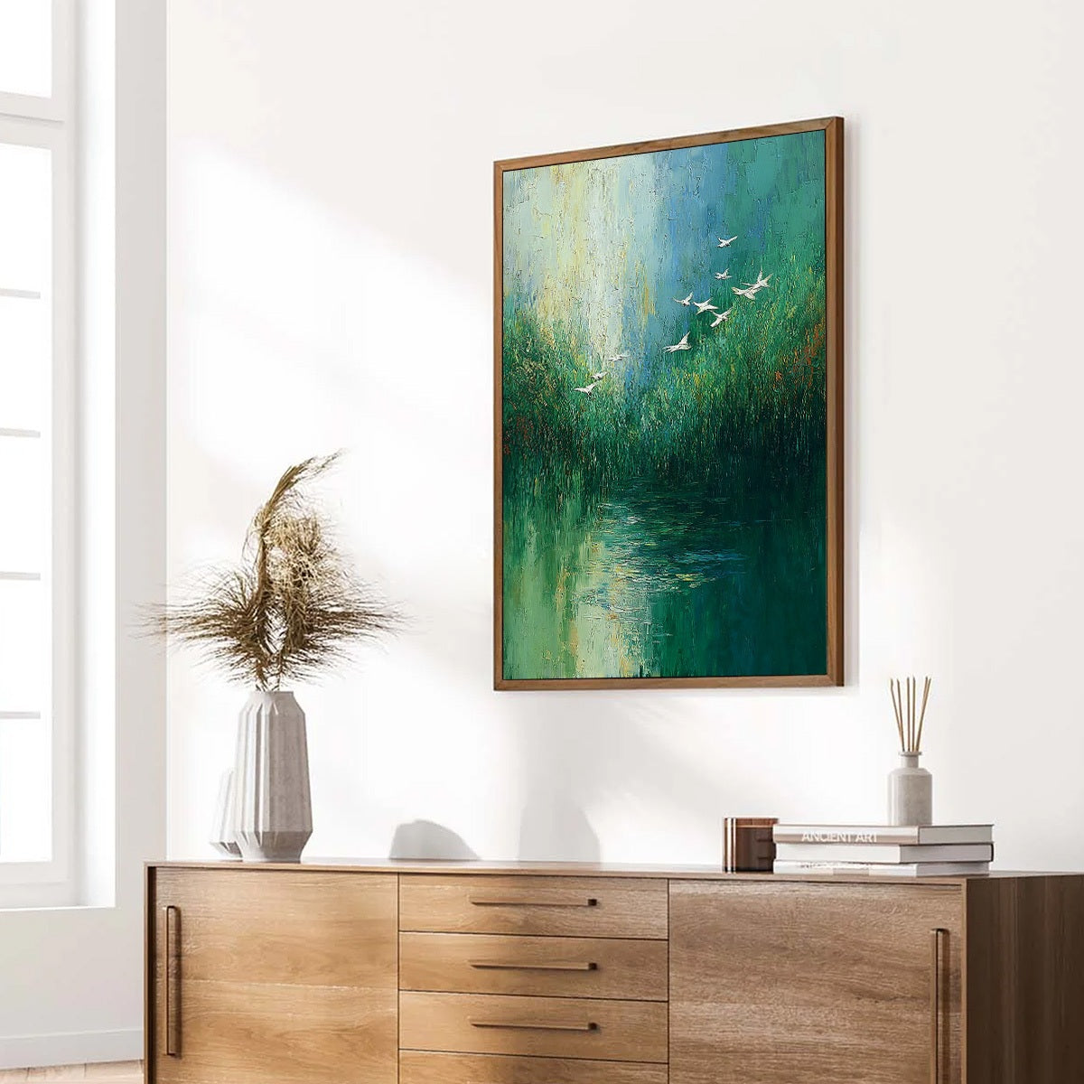 VERDANT VOYAGE: Textured Green Landscape Painting with Birds - Image 8
