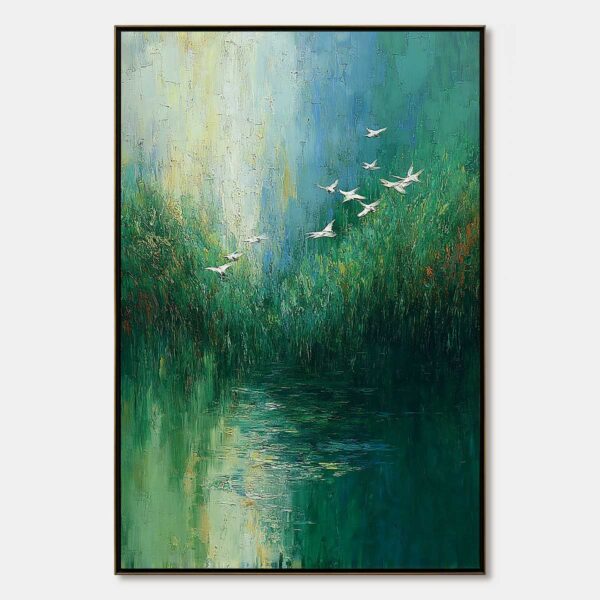 VERDANT VOYAGE: Textured Green Landscape Painting with Birds