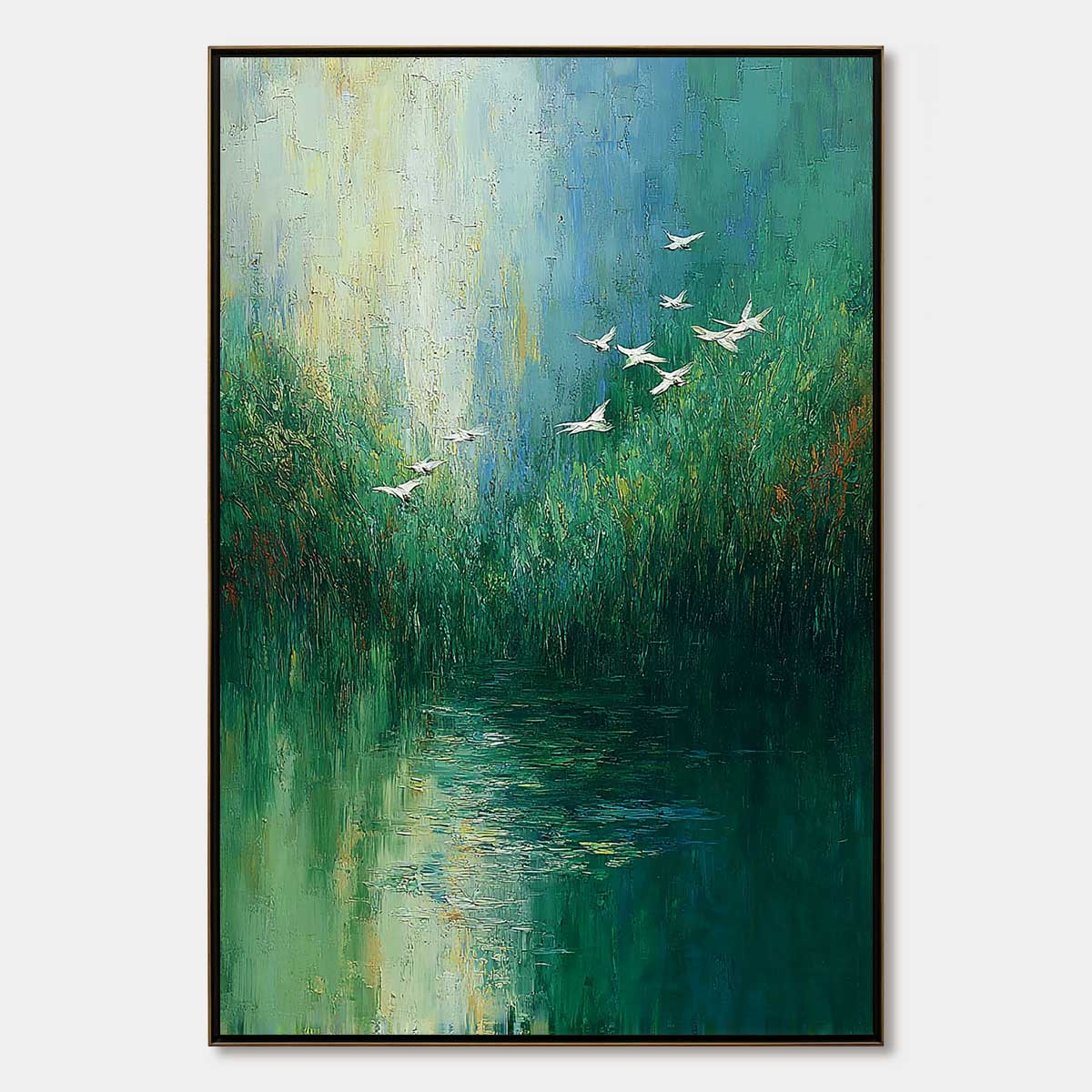 VERDANT VOYAGE: Textured Green Landscape Painting with Birds