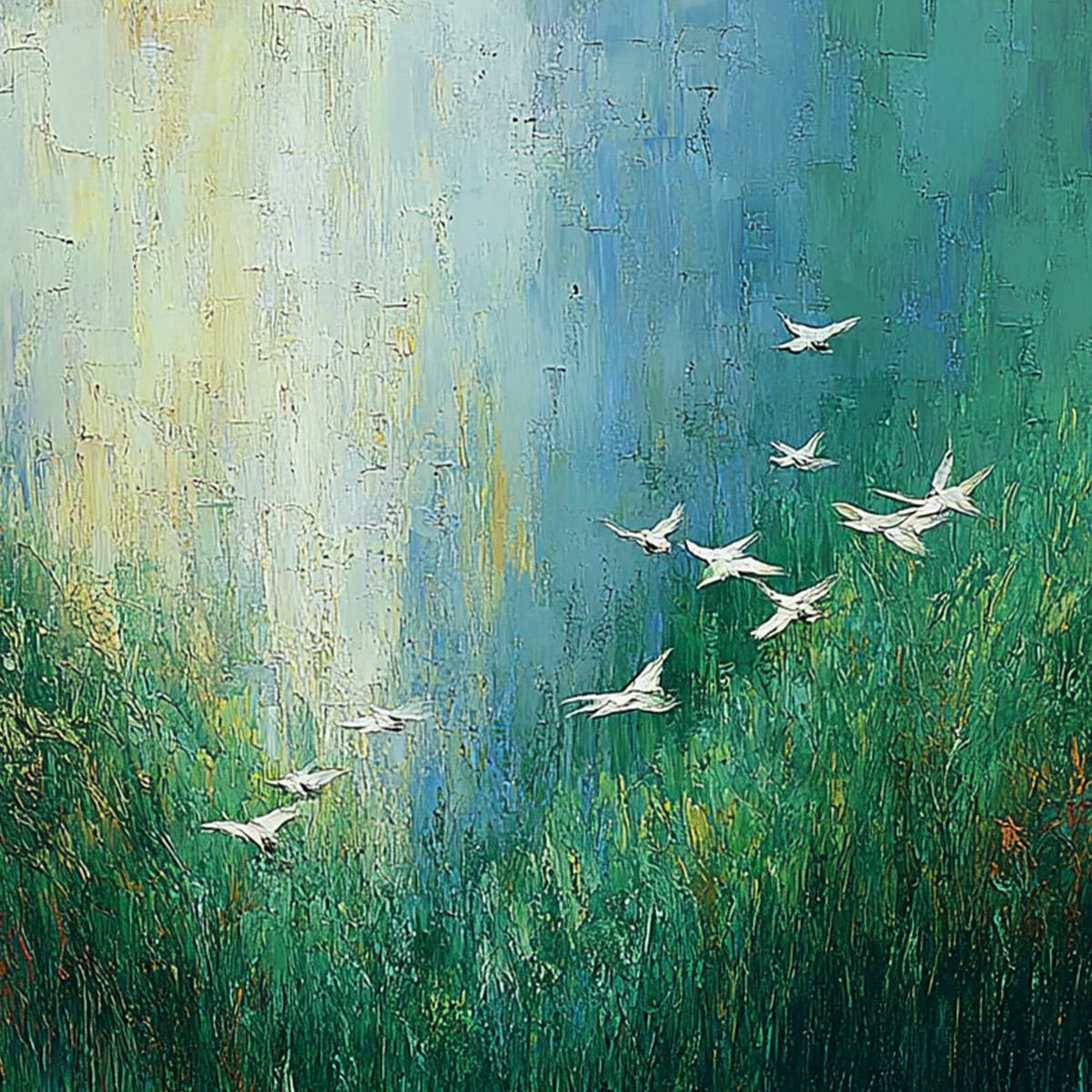 VERDANT VOYAGE: Textured Green Landscape Painting with Birds - Image 3