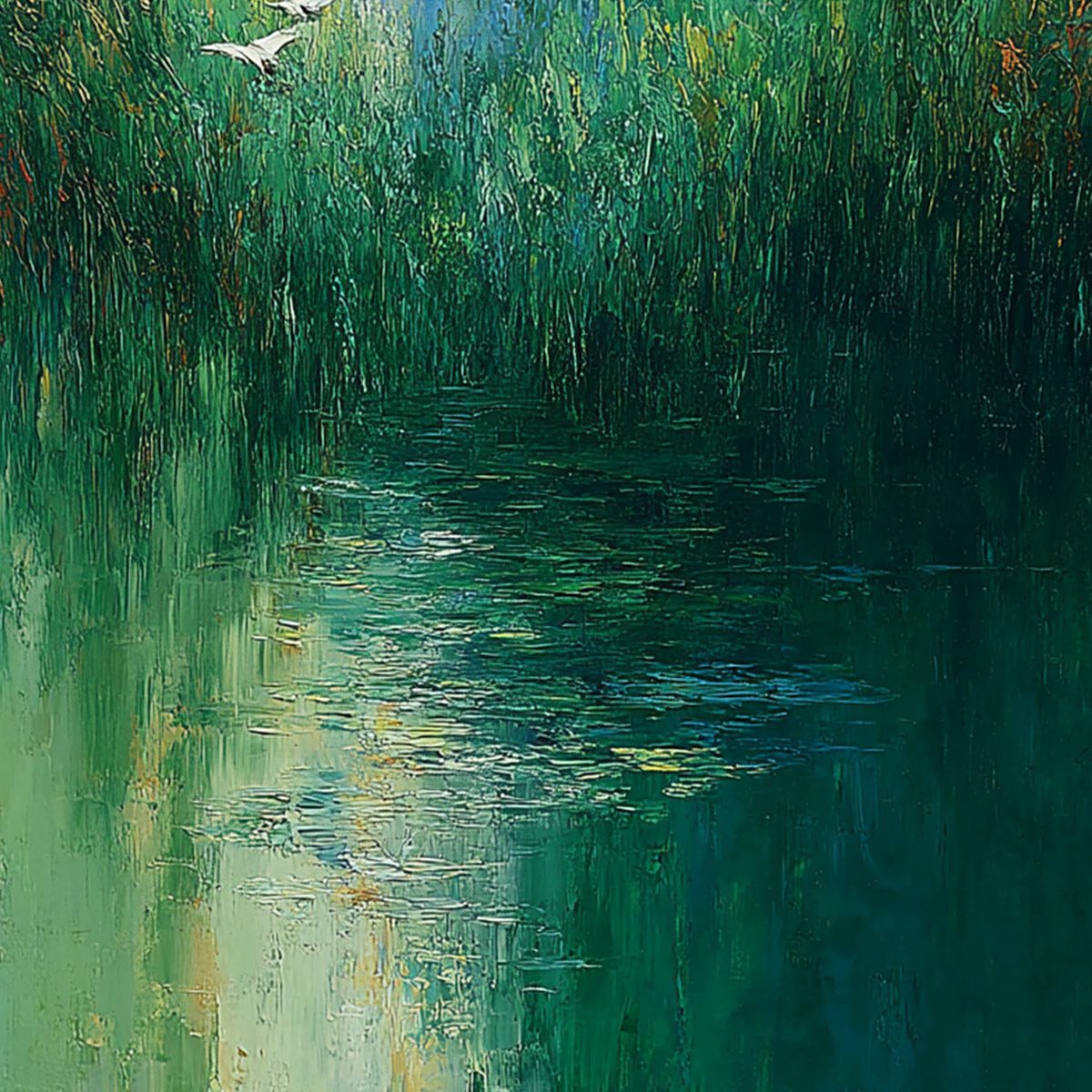 VERDANT VOYAGE: Textured Green Landscape Painting with Birds - Image 5